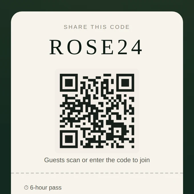 An Unposed event pass showing the code ROSE24 and a QR code for guests to scan.