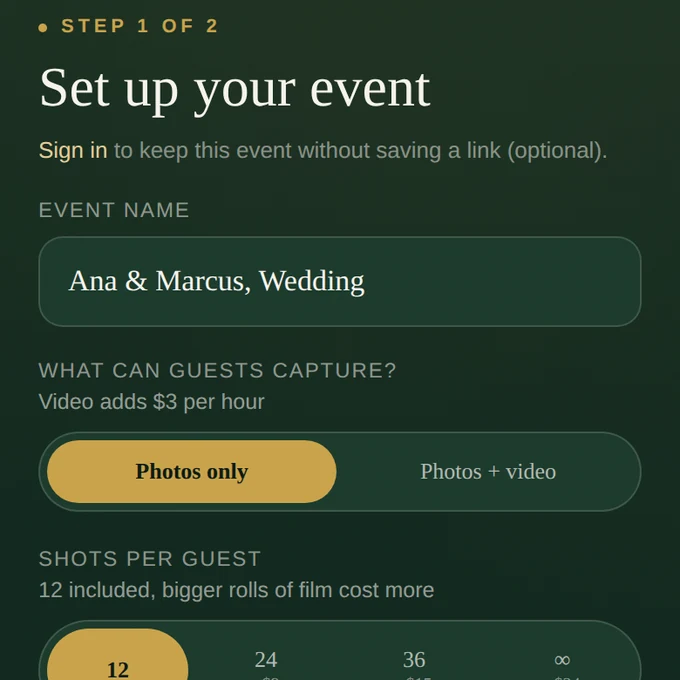 The Unposed setup screen: event name, photos or video, and shots per guest.
